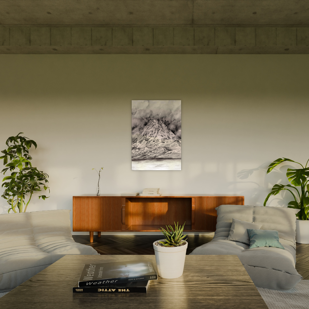 Tirage d'art du Pic du midi d'ossau au format A2 encadré dans un salon au style mid Century modern. le tirage d'rat est affiché au dessus d'un buffet de salon en bois marron et est entouré de 2 plantes vertes