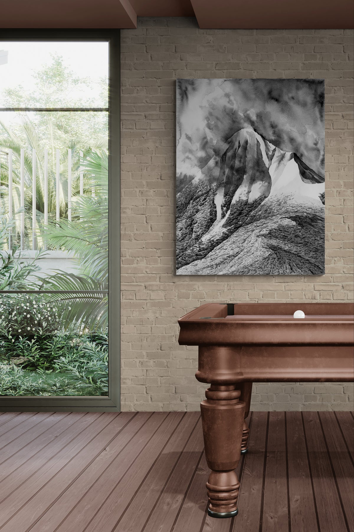 Reproduction de la peinture à l'encre de chine du Pic du Cagire dans les Pyrénées sur une plaque d'aluminium dibond de 60 par 80 cm pour un rendu très esthétique et moderne, amplifiant le contraste et la profondeur des nuanecs de gris, noir et blanc. Ce tableau est affiché dans une salle de billard à la décoration naturelle et rustique, apportant une touche de sophistication à la décoration d'intérieur.