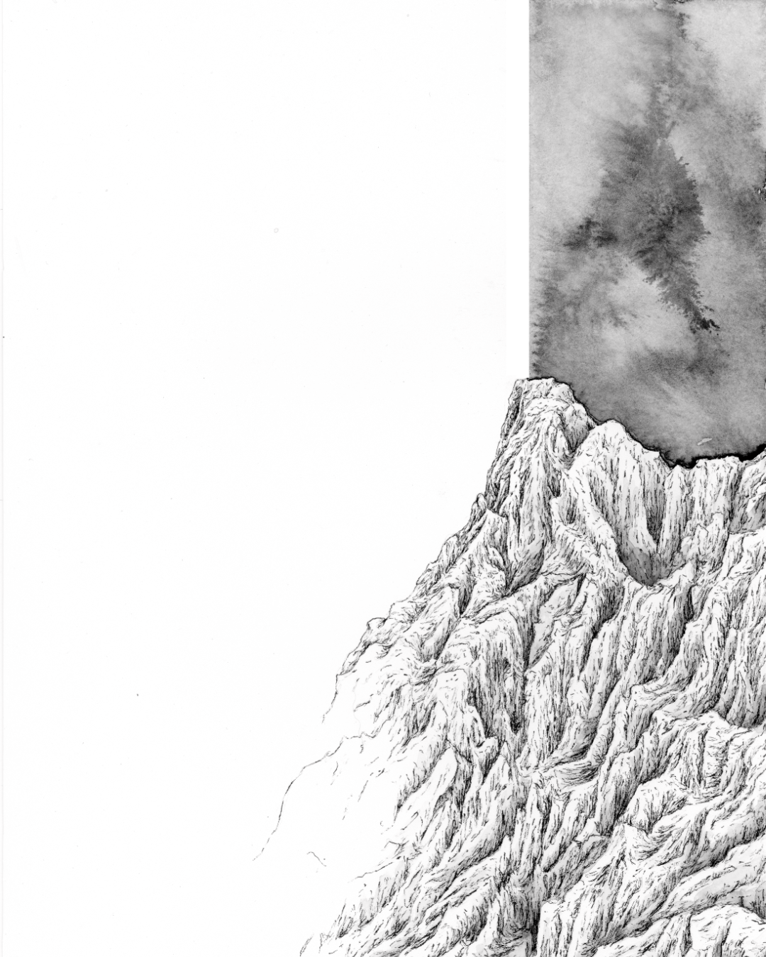 zoom sur complétude édition mars correspondance à l'encre de cimes, peintures de montagne à l'encre de chine qui sort de son cadre pour s'échapper de toutes les contraintes