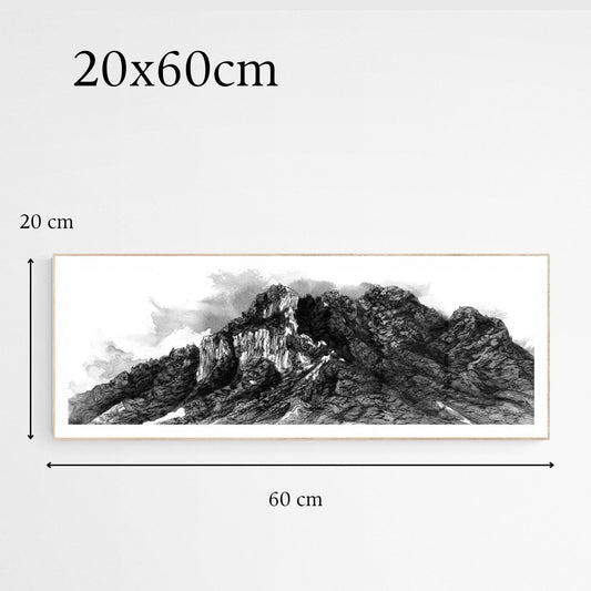 Tirage d art de la peinture du rocher de Pene Nère en noir et blanc, peinture à l encre de chine, format paysage 20x60 cm, Chaîne des Pyrénées Françaises, Comminges, affiche de peinture de montagne pour décoration murale, cadeau randonnée nature. Les dimensions sont affichées sur l'image
