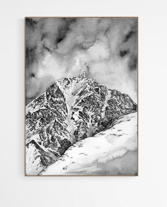 Affiche d'art de montagne en noir et blanc très détaillée, réalisée à l'encre de chine illustrant le Pic du Midi de Bigorre dans les Pyrénées