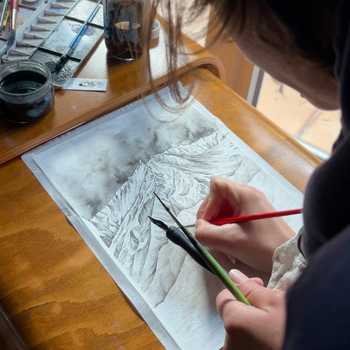 Peinture personnalisée au format A4 à l'encre de chine par Coline Pratviel du Gabizos dans le Béarn 