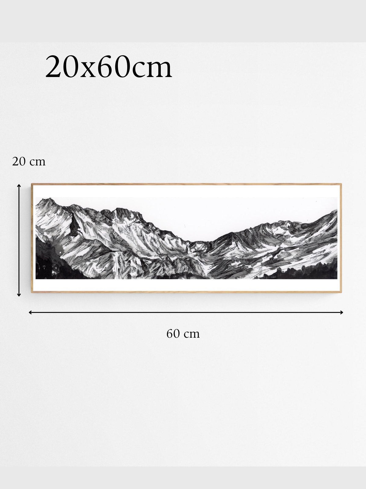 peinture du massif du néouvielle dans les Pyrénées en noir et blanc encadrée sur un mur avec les dimensions affichées : 20 par 60 cm  