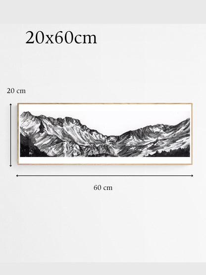 peinture du massif du néouvielle dans les Pyrénées en noir et blanc encadrée sur un mur avec les dimensions affichées : 20 par 60 cm  