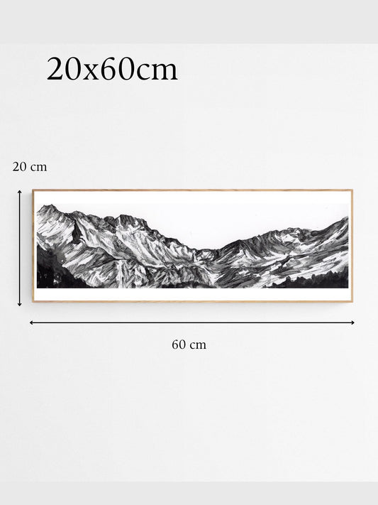 peinture du massif du néouvielle dans les Pyrénées en noir et blanc encadrée sur un mur avec les dimensions affichées : 20 par 60 cm  