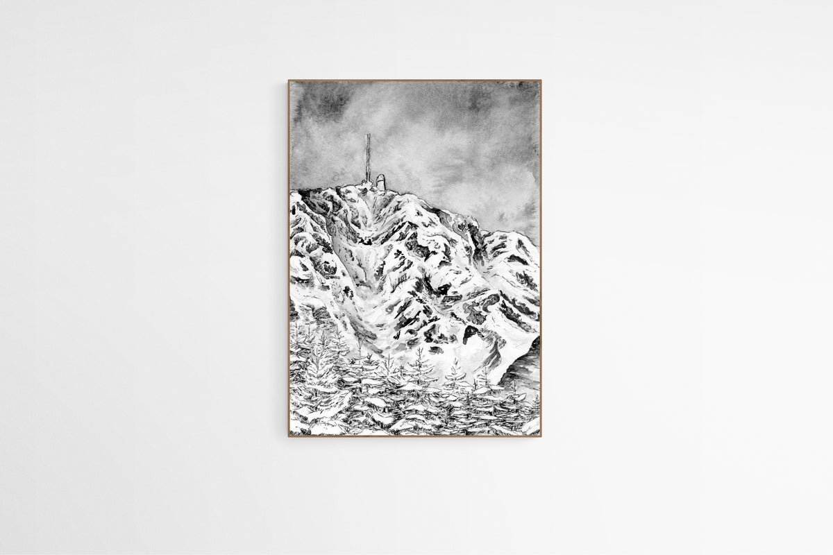 Peinture du Pic du Midi de Bigorre et de sa forêt, sommet emblématique des Pyrénées en noir et blanc à l encre de chine, peinture Pyrénées dans un cadre en bois, art pour les amoureux de la nature, montagne noir et blanc, idée cadeau de Noel nature