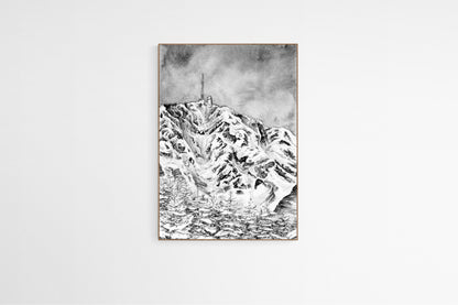 Peinture du Pic du Midi de Bigorre et de sa forêt, sommet emblématique des Pyrénées en noir et blanc à l encre de chine, peinture Pyrénées dans un cadre en bois, art pour les amoureux de la nature, montagne noir et blanc, idée cadeau de Noel nature
