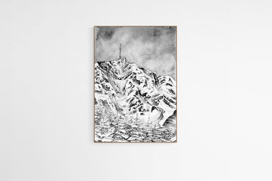 Peinture du Pic du Midi de Bigorre et de sa forêt, sommet emblématique des Pyrénées en noir et blanc à l encre de chine, peinture Pyrénées dans un cadre en bois, art pour les amoureux de la nature, montagne noir et blanc, idée cadeau de Noel nature