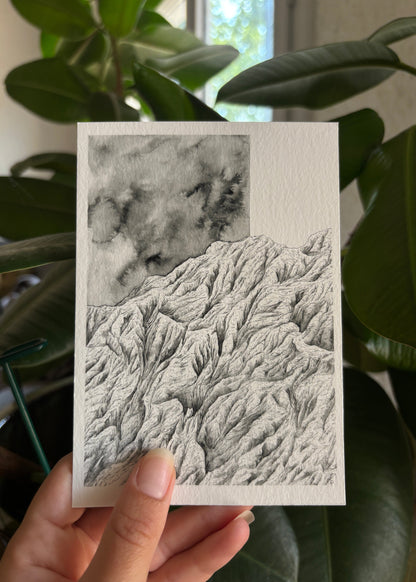 Tirage fine art de la montagne contrôle réalisée à l'encre de chine en noir et blanc au format carte postale 10 x 15 cm tenu par l'artiste devant une plante verte