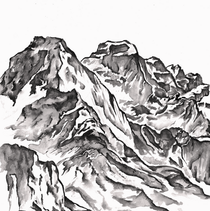 Focus et zoom sur les détails de la peinture à l'encre de chine en noir et blanc du cirque de gavarnie dans les Pyrénées
