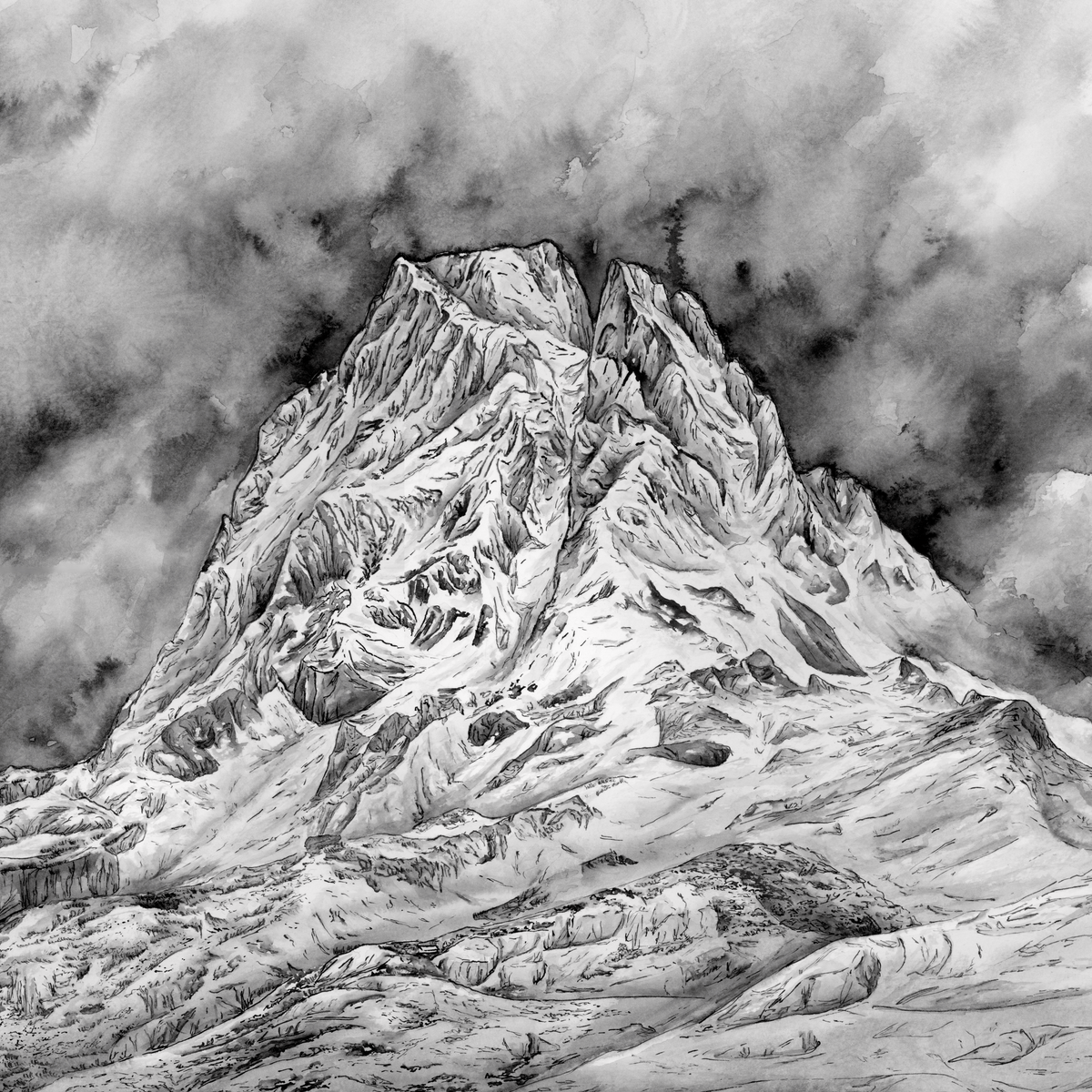 Focus sur le sommet de la peinture en noir et blanc du Pic du Midi d'Ossau réalisé à l'encre de chine par Coline Pratviel, la photo a été recadrée au format carré pour un zoom sur la qualité du tableau 