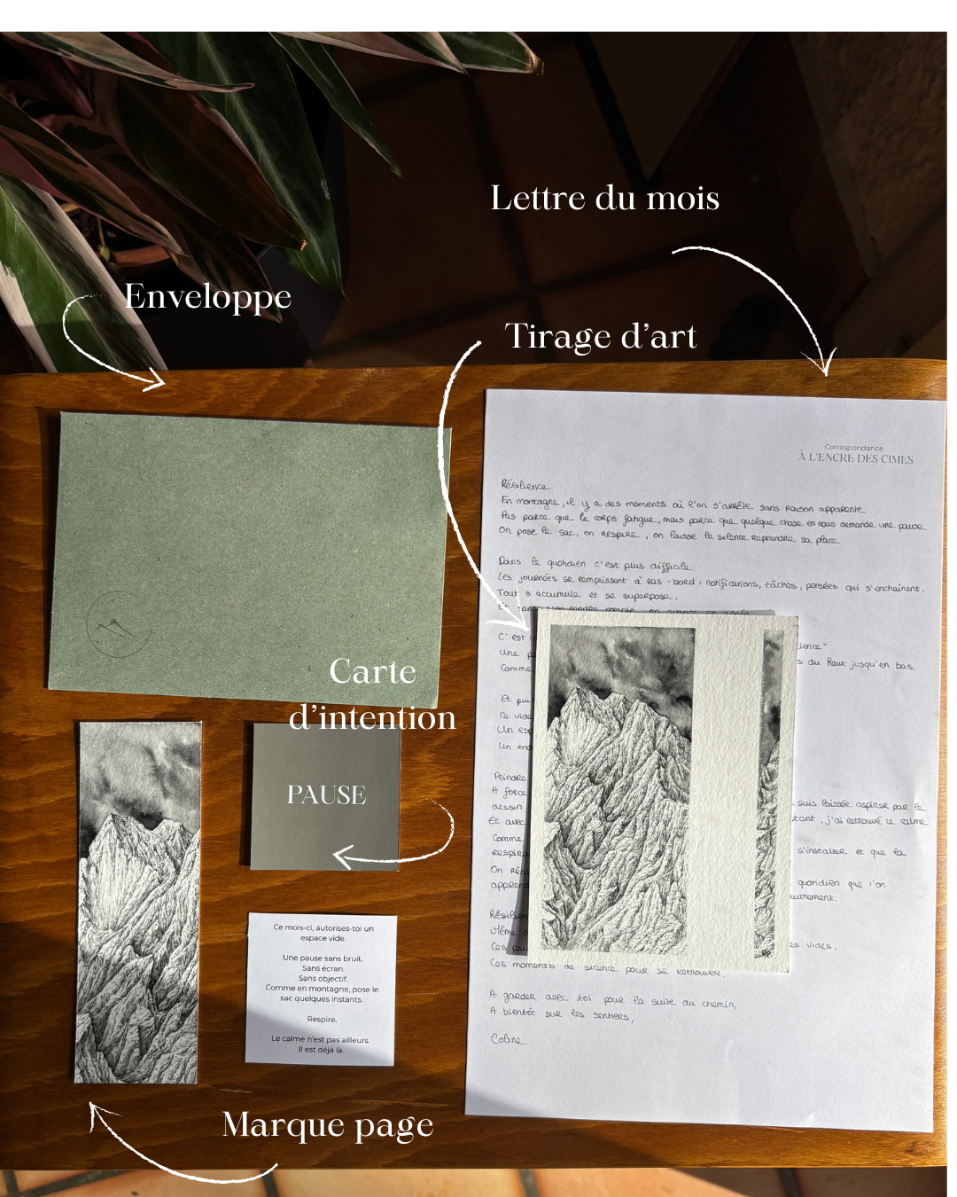 présentation du contenu de la correspondance à l'encre des cimes comprenant la lettre, le tirage d'art, l'enveloppe, la carte d'intention ainsi que le marque page afin de favoriser les moments pour soi, de calme 