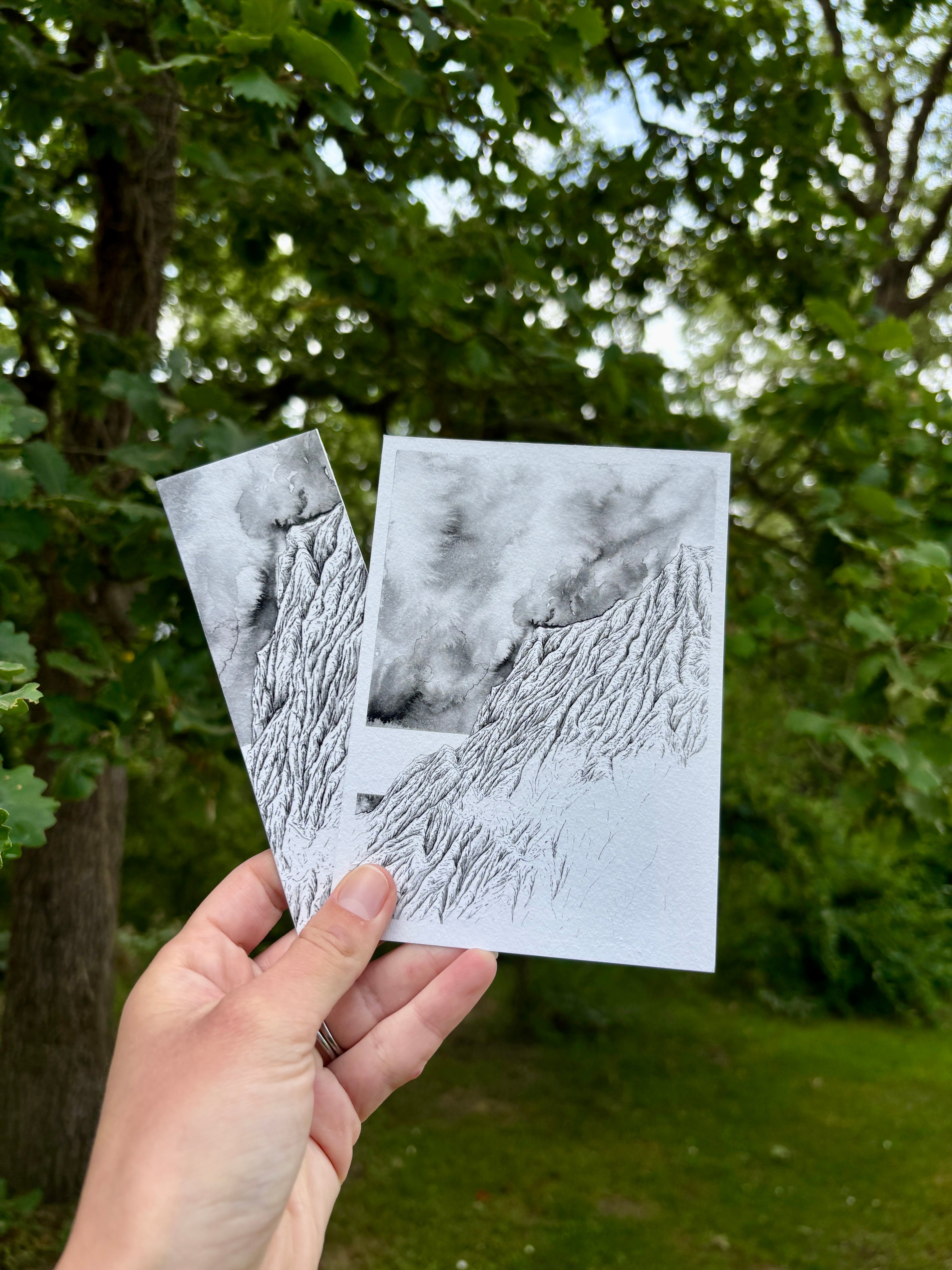 marque page et tirage d'art de l'édition du mois de mai de la correspondance à l'encre des cimes réalisée par Coline Pratviel. Ces deux tirages d'art monochrome sont tenus au dessus d'arbre et d'herbe rendant hommage à la nature.  Les tirages d'art en noir en blanc tenus dans la main représentent une montagne dessinée et peinte à l'encre de chine, on peut apercevoir un ciel mouvementé ainsi qu'une bande blanche qui rejoint la montagne illlustrant ce passage de l'élan, la montagne fait écho à nos vies