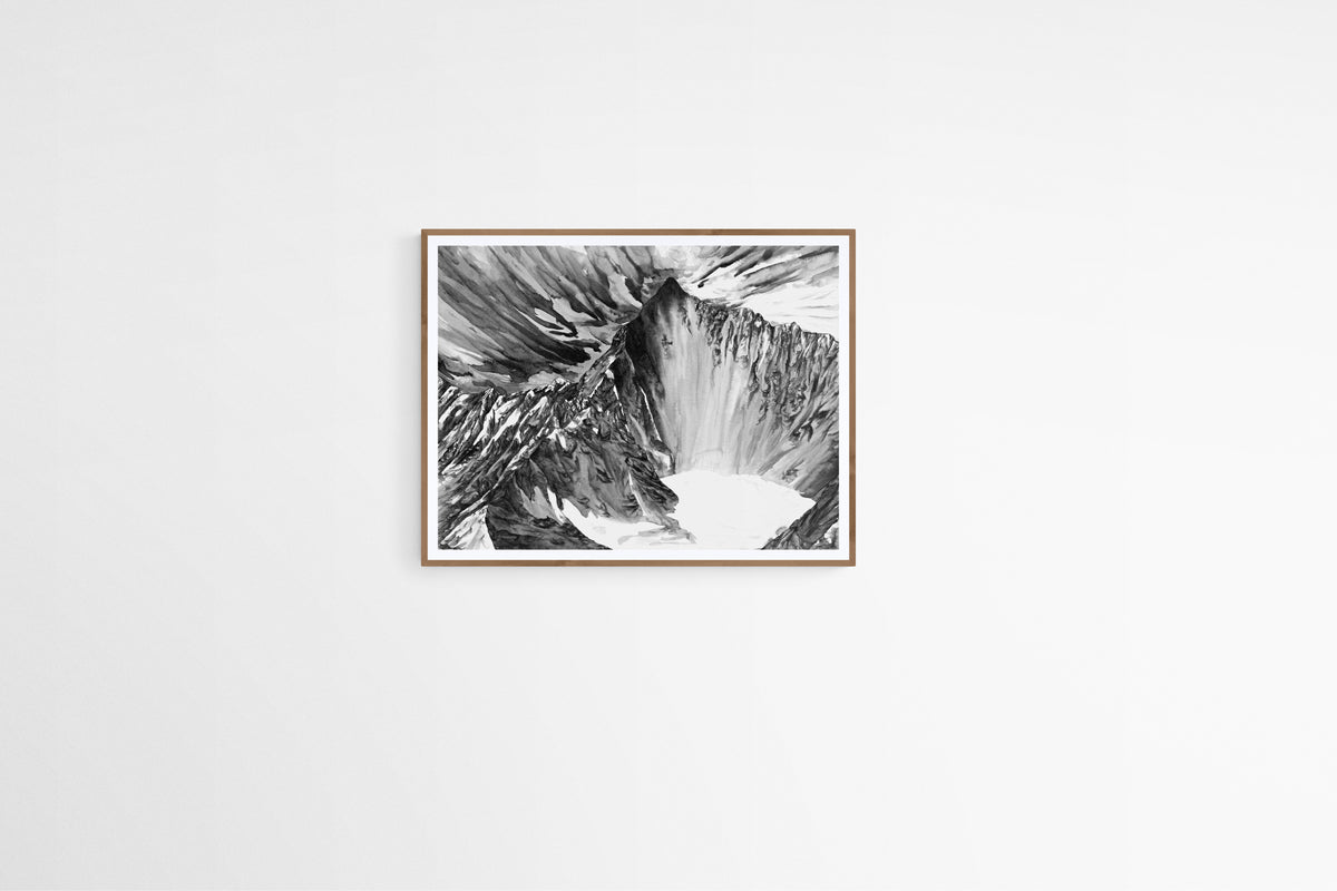 Tirage d’art peinture de l’Obergabelhorn, dans le Liechtenstein, Peinture Alpes Suisses. Tirage d'art Noir et Blanc détaillé au format A4 dans un cadre en bois