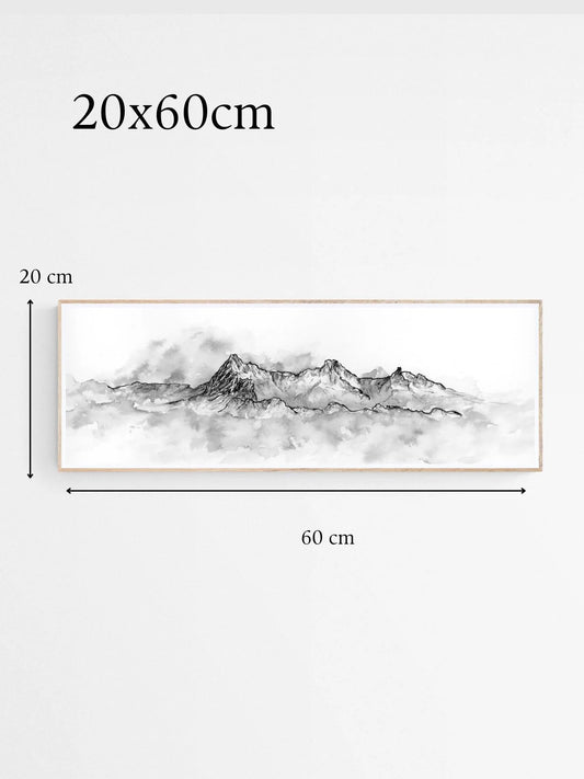 Peinture à l'encre de chine d'une montagne qui émerge des nuages, encadrée sur un mur, les dimensions du tableau sont affichées sur l'image. Tirage d'art panoramique 20 par 60 cm