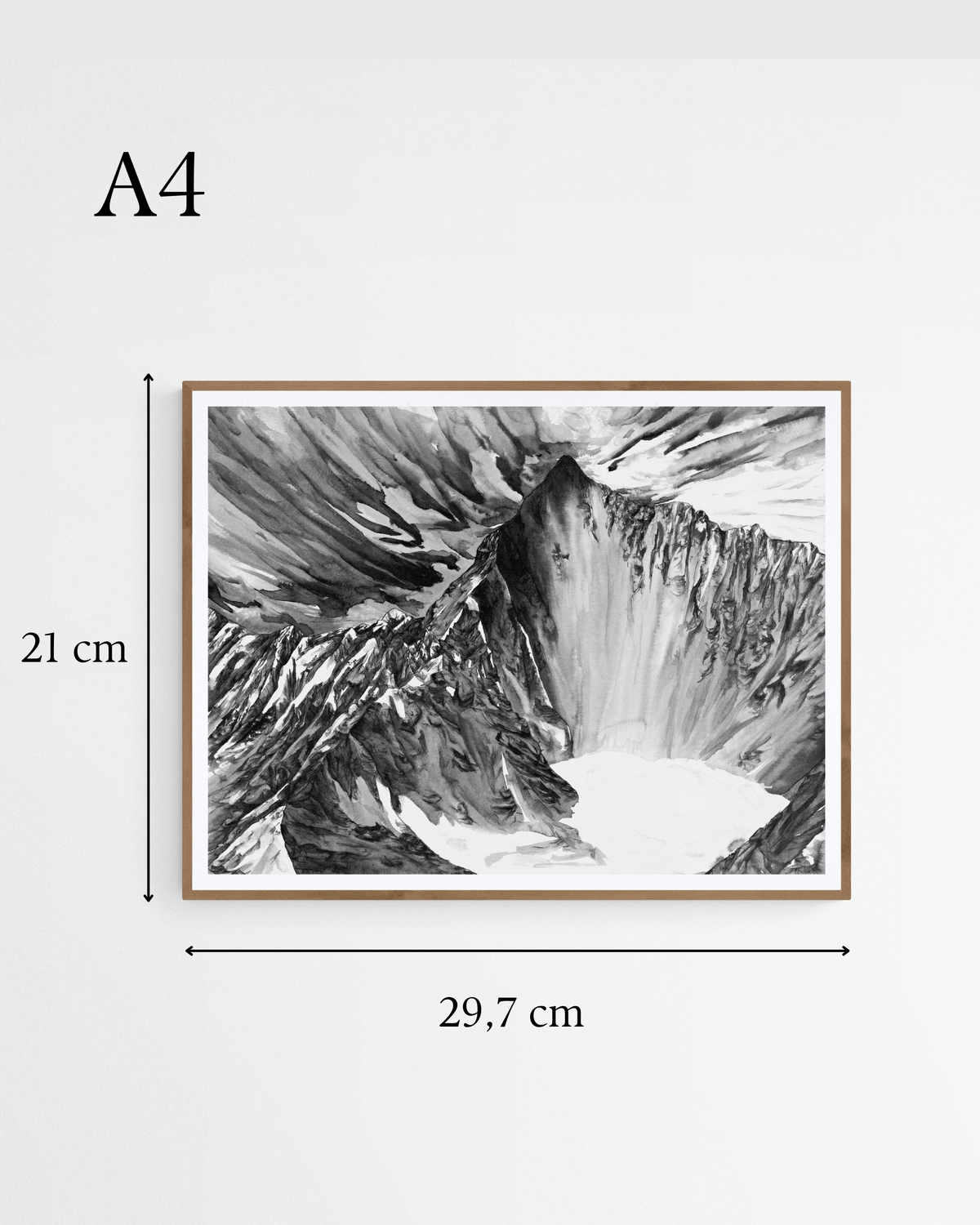 Tirage d art peinture de l’Obergabelhorn, Peinture Alpes Suisses en noir et blanc aux dimensions 21 x 29.7 (format A4). Peinture nature, peinture alpes suisses, encre de chine, monochrome. Tirage brillant qualité musée