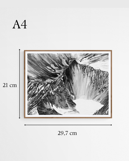 Tirage d art peinture de l’Obergabelhorn, Peinture Alpes Suisses en noir et blanc aux dimensions 21 x 29.7 (format A4). Peinture nature, peinture alpes suisses, encre de chine, monochrome. Tirage brillant qualité musée