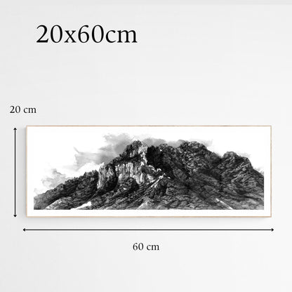 Tirage d art de la peinture du rocher de Pene Nère en noir et blanc, peinture à l encre de chine, format paysage 20x60 cm, Chaîne des Pyrénées Françaises, Comminges, affiche de peinture de montagne pour décoration murale, cadeau randonnée nature. Les dimensions sont affichées sur l'image