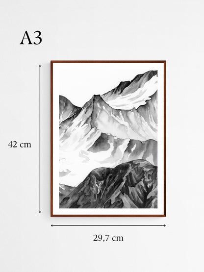 Tirage d art peinture du massif du Mont Blanc, Peinture Alpes Suisses en noir et blanc aux dimensions 29,7 x 42 cm (format A3). Peinture nature, peinture alpes suisses, encre de chine, monochrome. Tirage brillant qualité muséale. montagne minimaliste