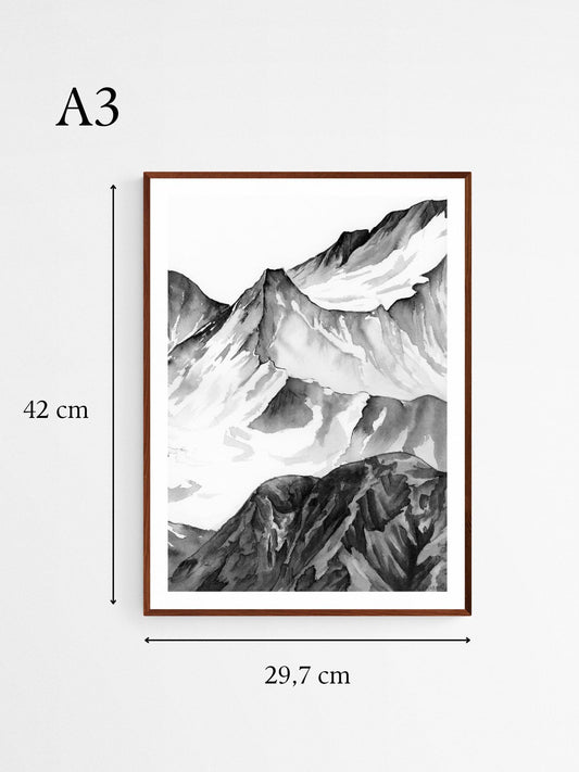 Tirage d art peinture du massif du Mont Blanc, Peinture Alpes Suisses en noir et blanc aux dimensions 29,7 x 42 cm (format A3). Peinture nature, peinture alpes suisses, encre de chine, monochrome. Tirage brillant qualité muséale. montagne minimaliste