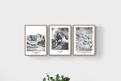 Lot de 3 mini tirages des Pyrénées à l'encre de chine, Vignemale, Cagire, Pic du Midi de Bigorre, 10x14,8cm, peinture noir et blanc Pyrénées