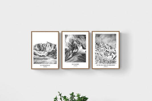 Lot de 3 mini tirages des Pyrénées à l'encre de chine, Vignemale, Cagire, Pic du Midi de Bigorre, 10x14,8cm, peinture noir et blanc Pyrénées