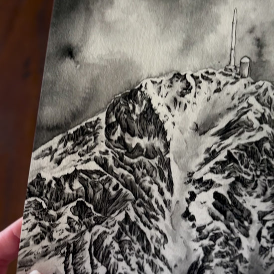 Vidéo des tirages d art de la peinture du pic du midi de Bigorre sous la neige au format A4 et A pour montrer le rendu réel des peintures, la différence de format et de la qualité de l'impression artisanale 