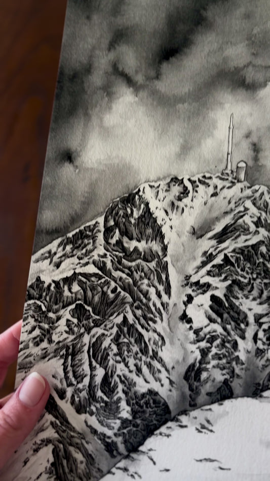 Vidéo des tirages d art de la peinture du pic du midi de Bigorre sous la neige au format A4 et A pour montrer le rendu réel des peintures, la différence de format et de la qualité de l'impression artisanale 